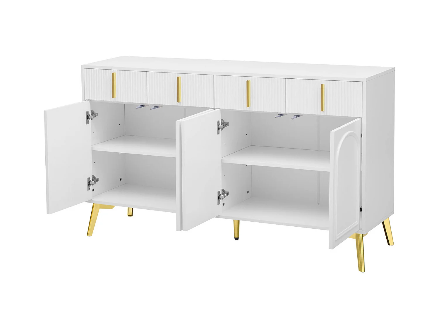 Dressoir 140x37,8x82cm - met 4 deuren, 4 laden, gouden handgrepen en poten - afneembaar laminaat - Wit
