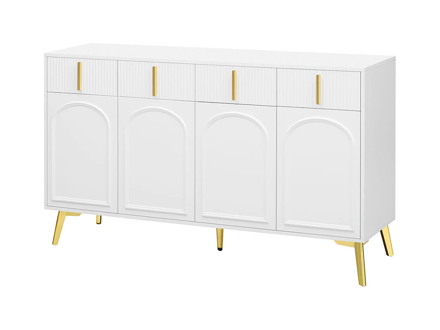 Dressoir 140x37,8x82cm - met 4 deuren, 4 laden, gouden handgrepen en poten - afneembaar laminaat - Wit