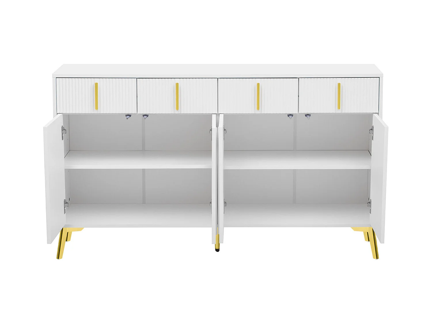 Dressoir 140x37,8x82cm - met 4 deuren, 4 laden, gouden handgrepen en poten - afneembaar laminaat - Wit