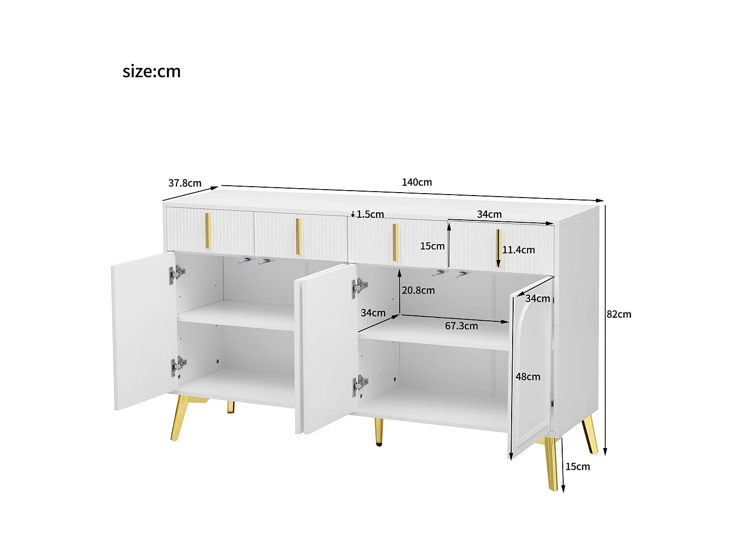 Dressoir 140x37,8x82cm - met 4 deuren, 4 laden, gouden handgrepen en poten - afneembaar laminaat - Wit