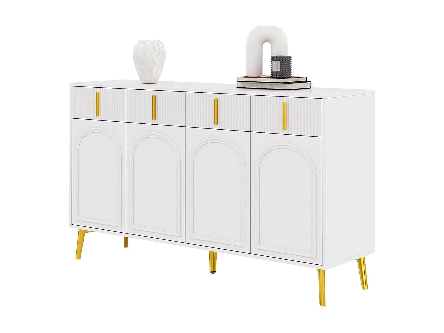 Dressoir 140x37,8x82cm - met 4 deuren, 4 laden, gouden handgrepen en poten - afneembaar laminaat - Wit