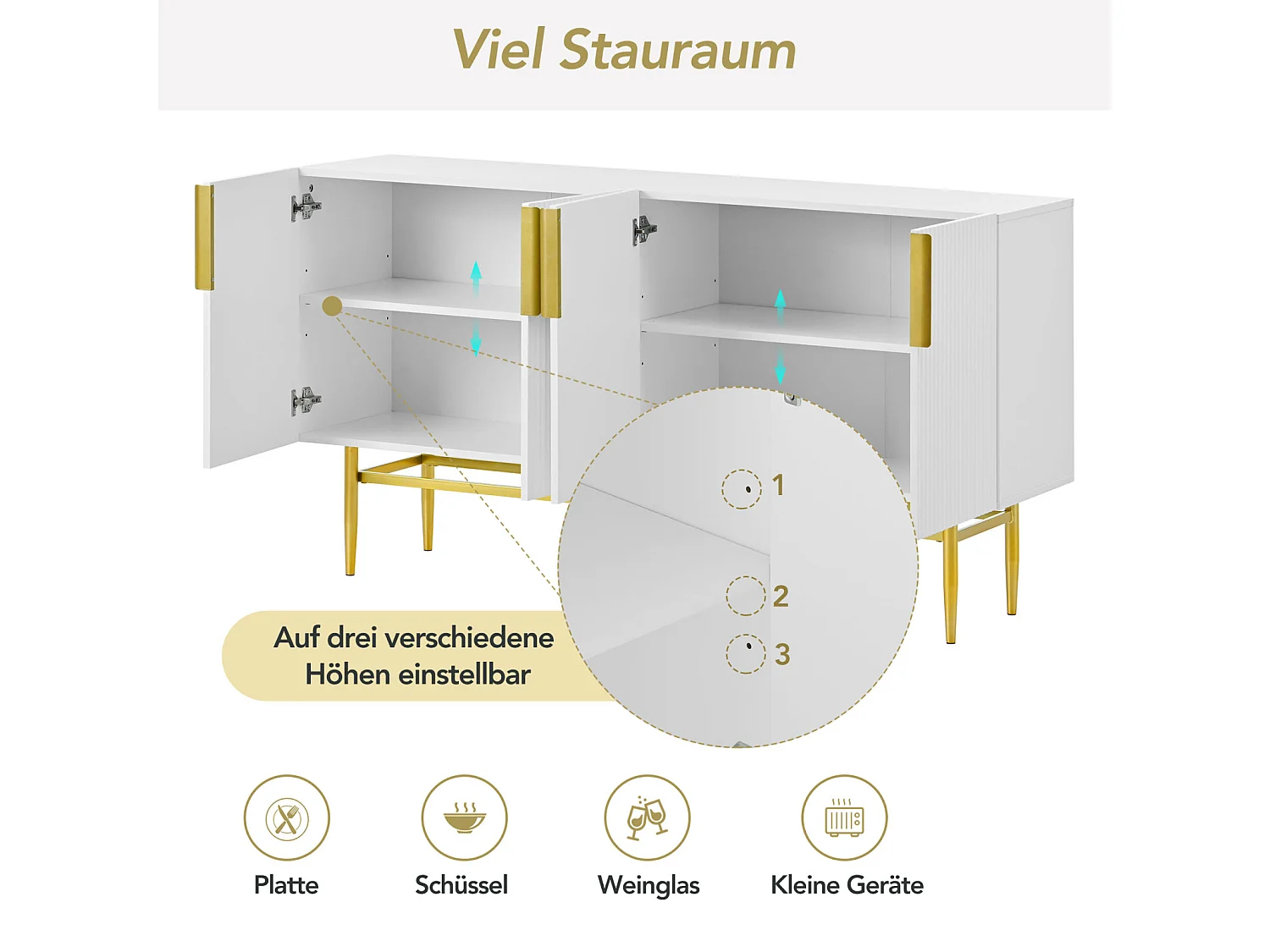 Aparador - DREAMMESPACE - 4 puertas - tirador y base de metal dorado - 152x40x80cm - Blanco