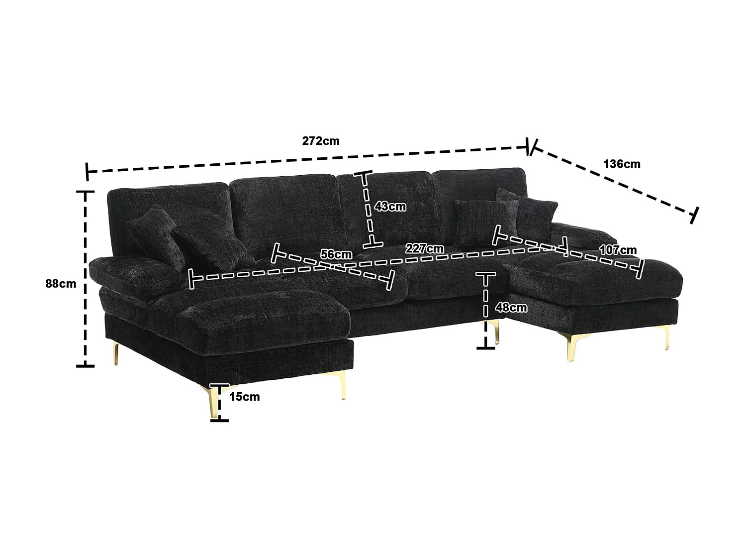 Canapé d'angle 4 places, 272x136x88cm,Grand canapé en forme de U, moderne, en tissu chenille, noir