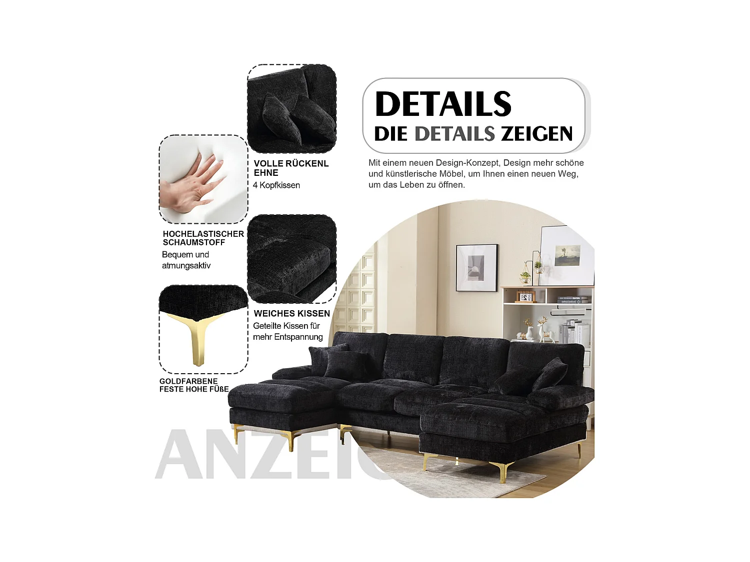 Canapé d'angle 4 places, 272x136x88cm,Grand canapé en forme de U, moderne, en tissu chenille, noir