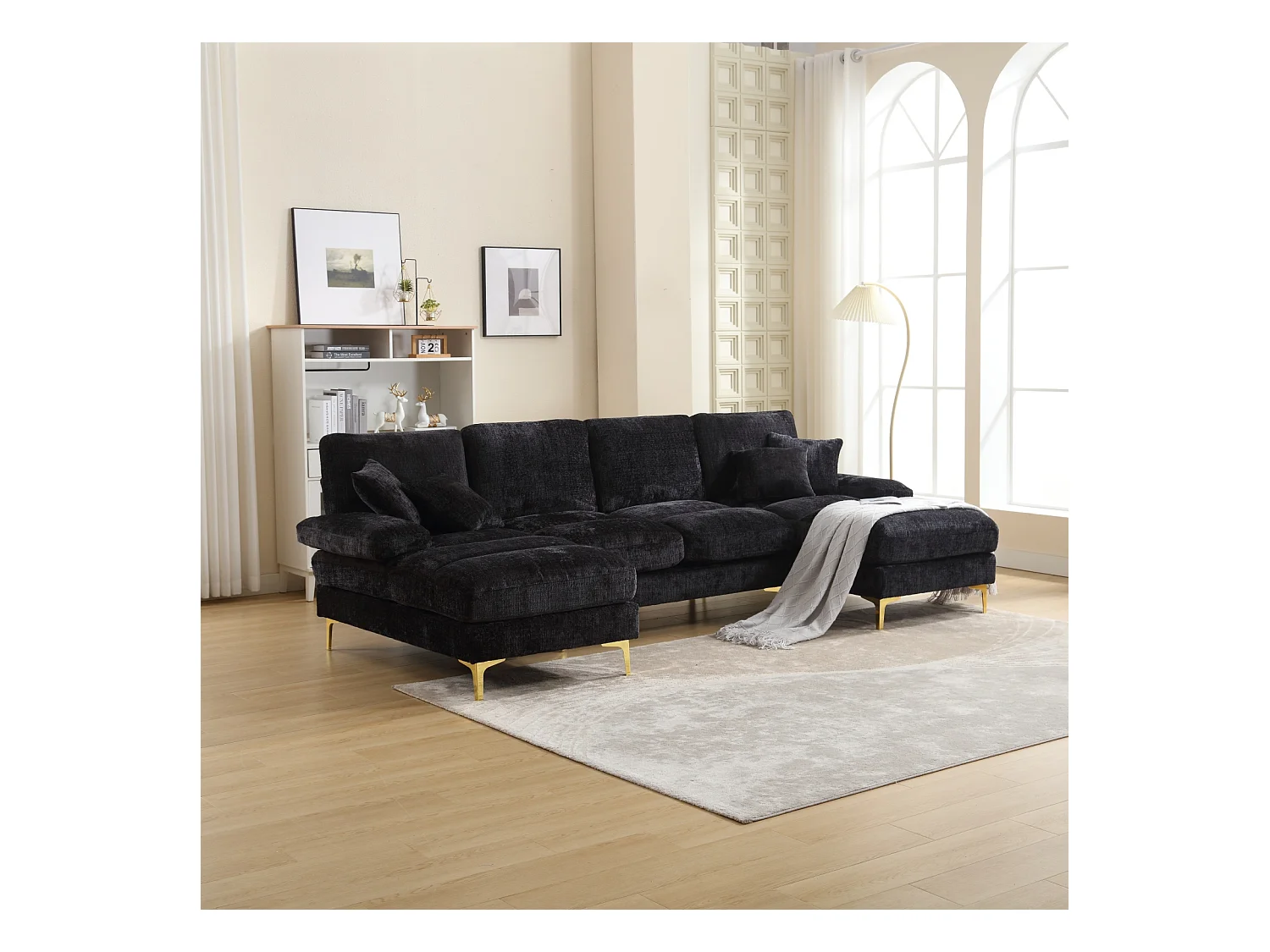 Canapé d'angle 4 places, 272x136x88cm,Grand canapé en forme de U, moderne, en tissu chenille, noir