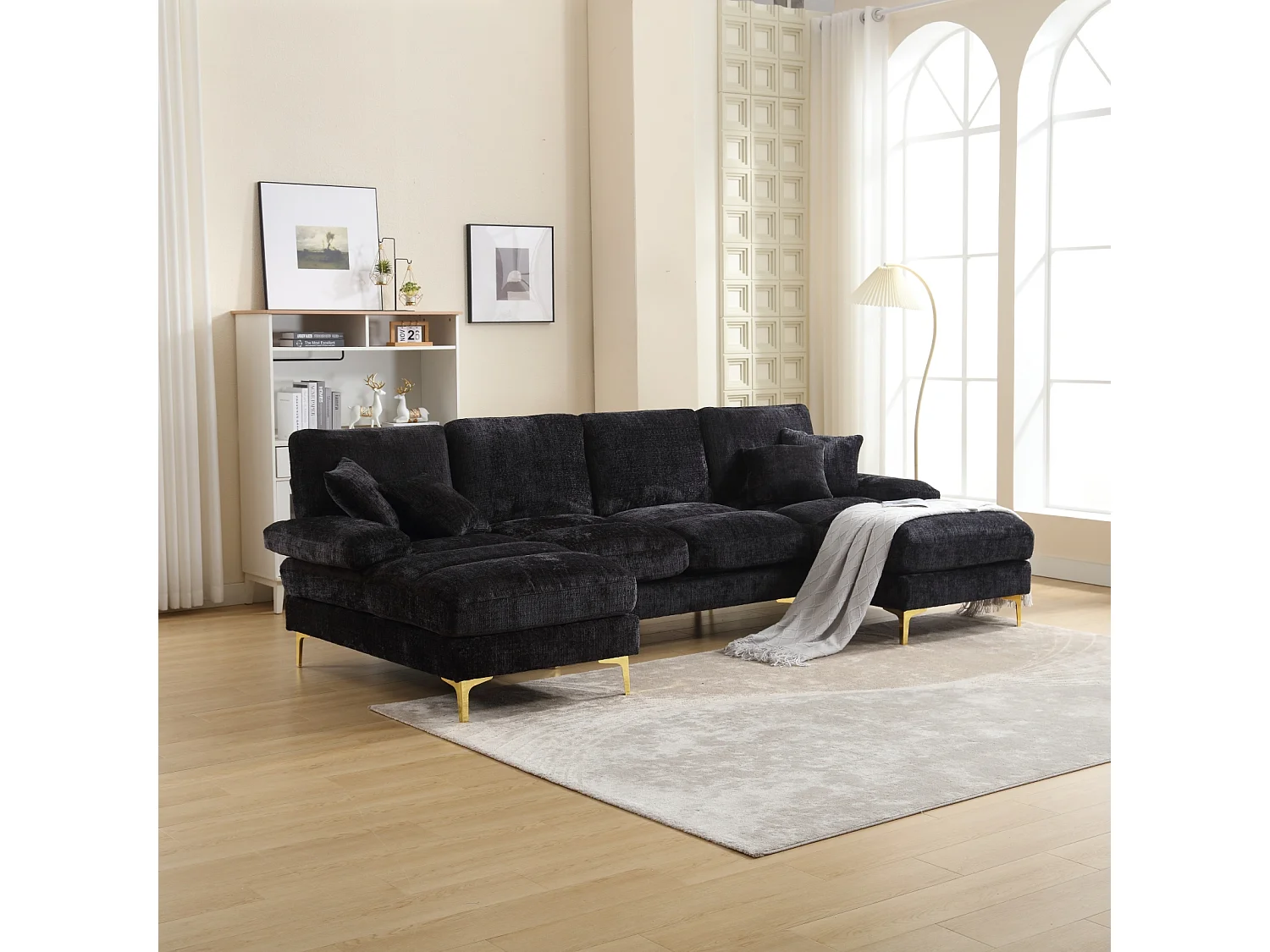 Canapé d'angle 4 places, 272x136x88cm,Grand canapé en forme de U, moderne, en tissu chenille, noir