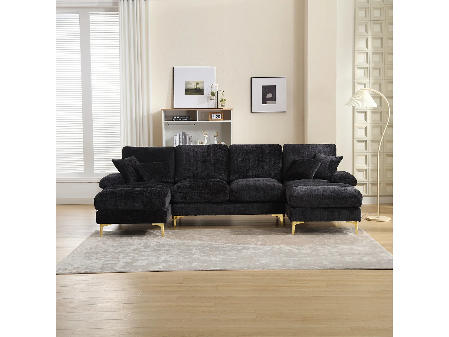 Canapé d'angle 4 places, 272x136x88cm,Grand canapé en forme de U, moderne, en tissu chenille, noir