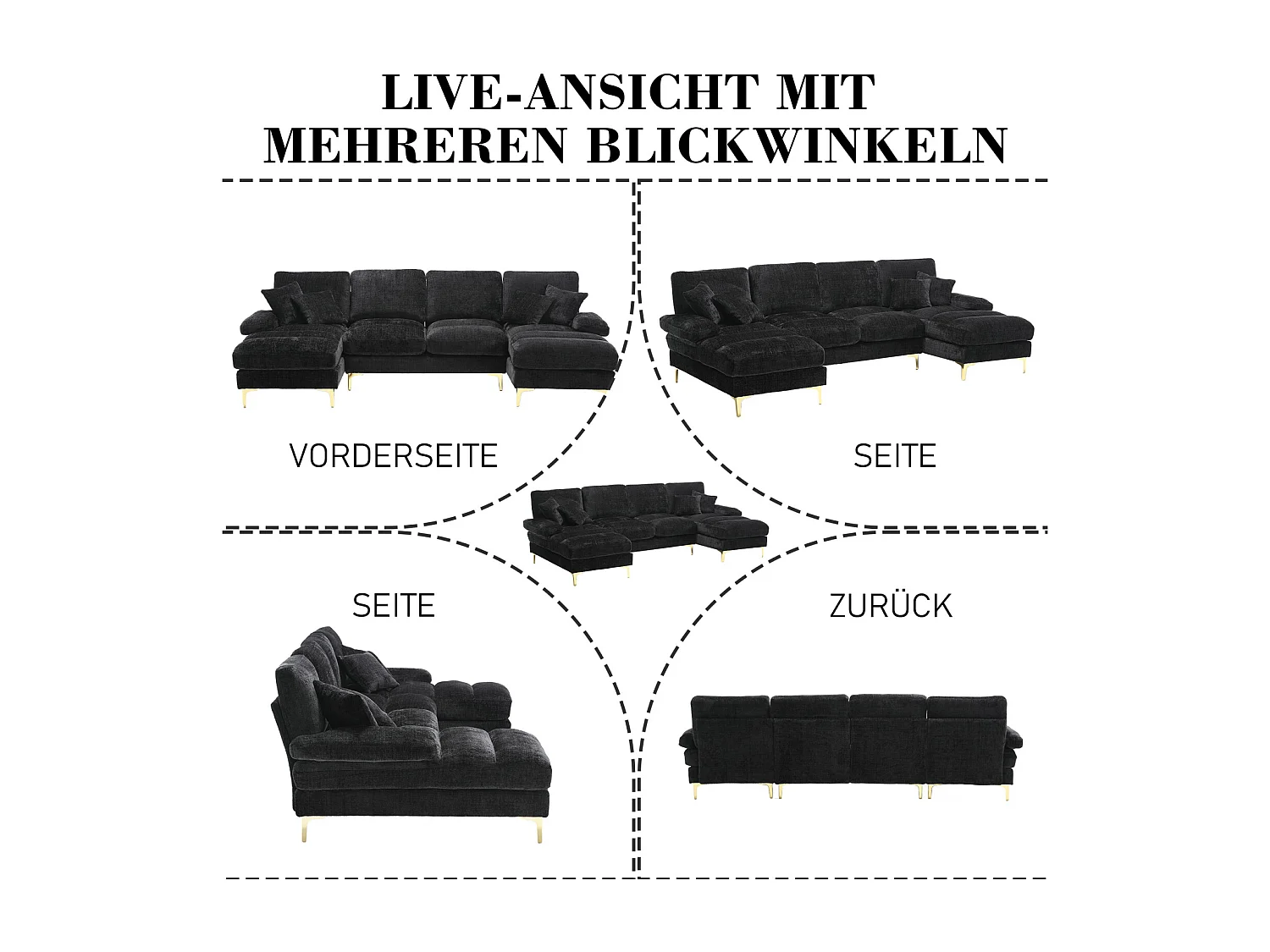 Canapé d'angle 4 places, 272x136x88cm,Grand canapé en forme de U, moderne, en tissu chenille, noir