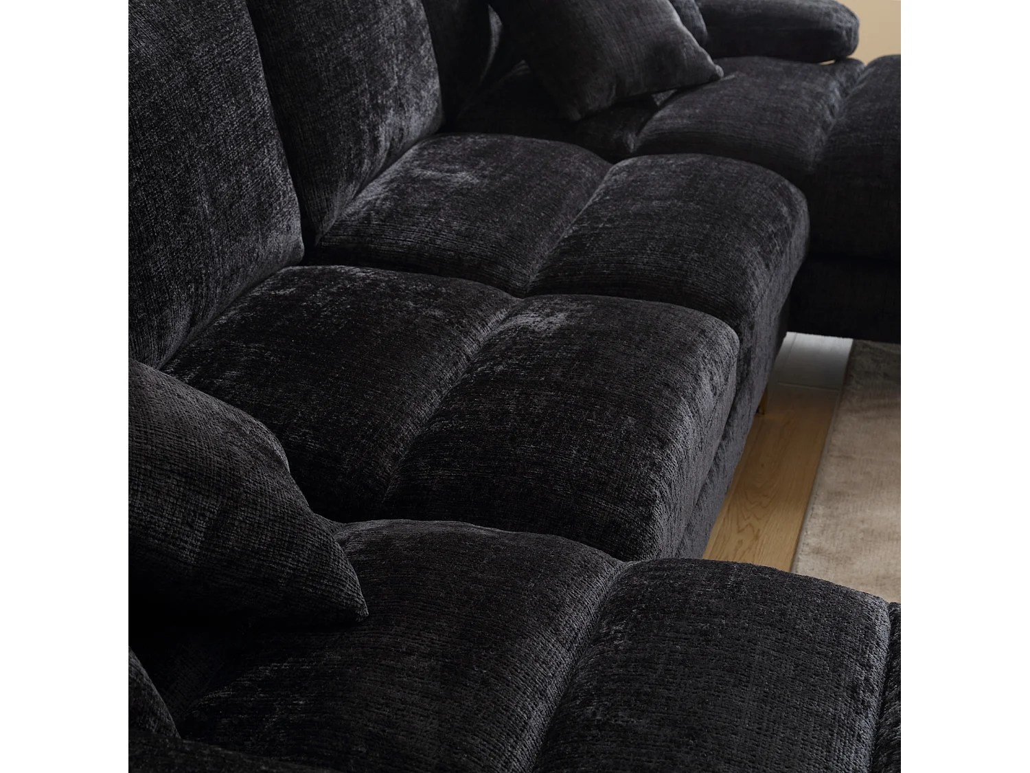 Canapé d'angle 4 places, 272x136x88cm,Grand canapé en forme de U, moderne, en tissu chenille, noir