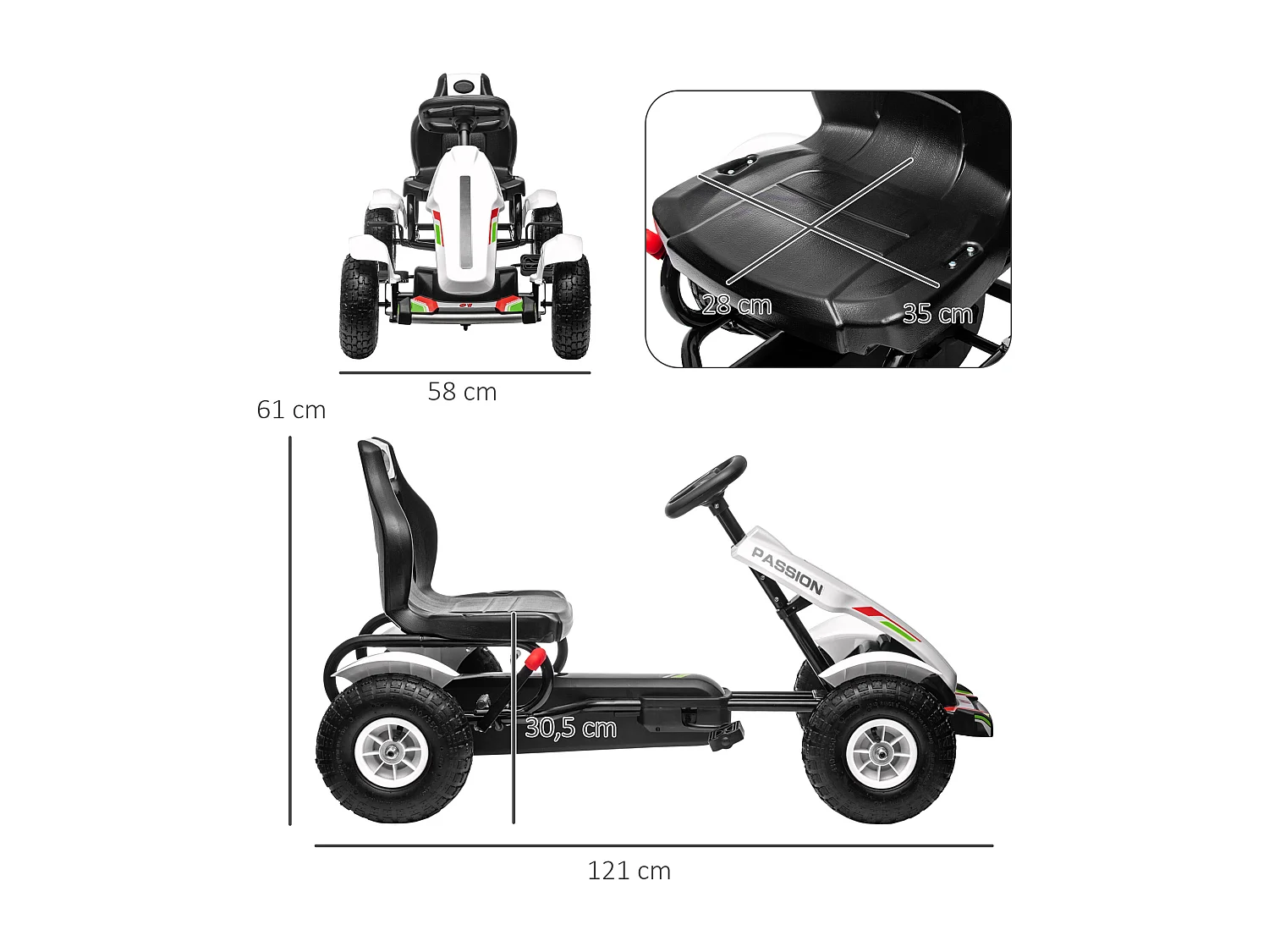 Kart à pédales enfant Go kart Formule 1 Racing passione italia pneus gonflables caoutchouc blanc