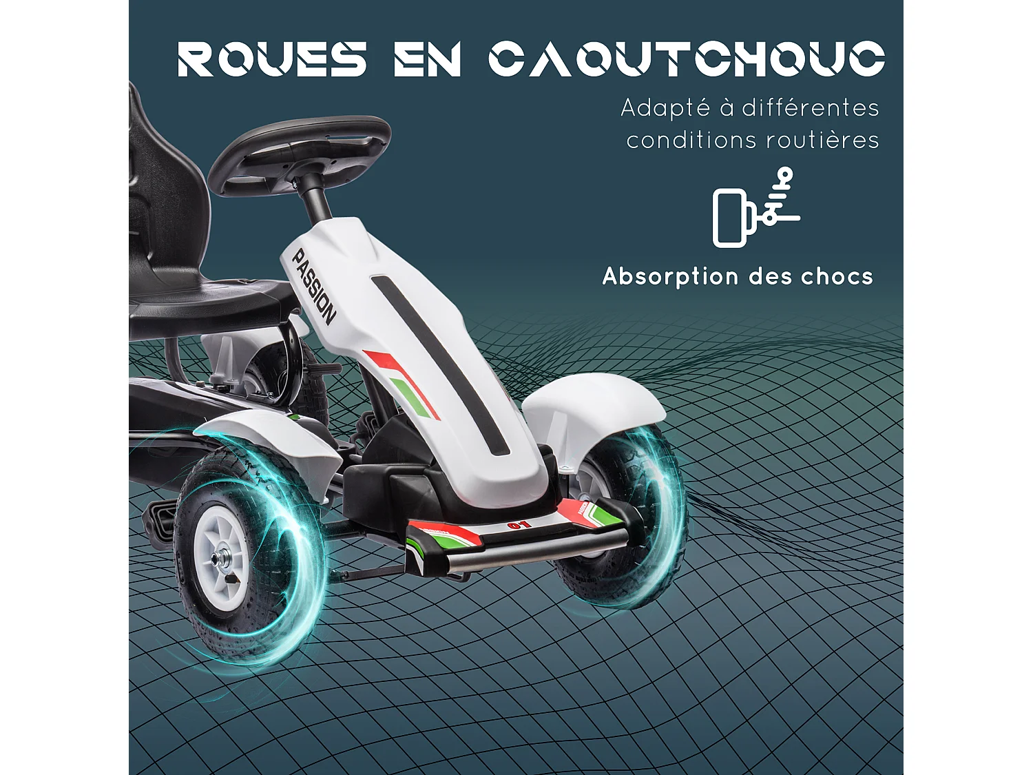 Kart à pédales enfant Go kart Formule 1 Racing passione italia pneus gonflables caoutchouc blanc