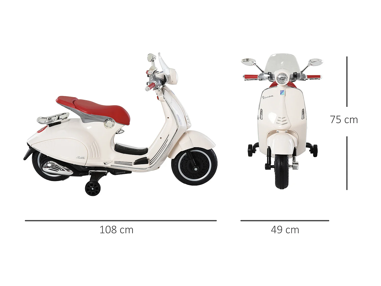 Scooter moto électrique enfant Vespa 6V 30W 2 roulettes auxiliaires effets sonores lumineux crème