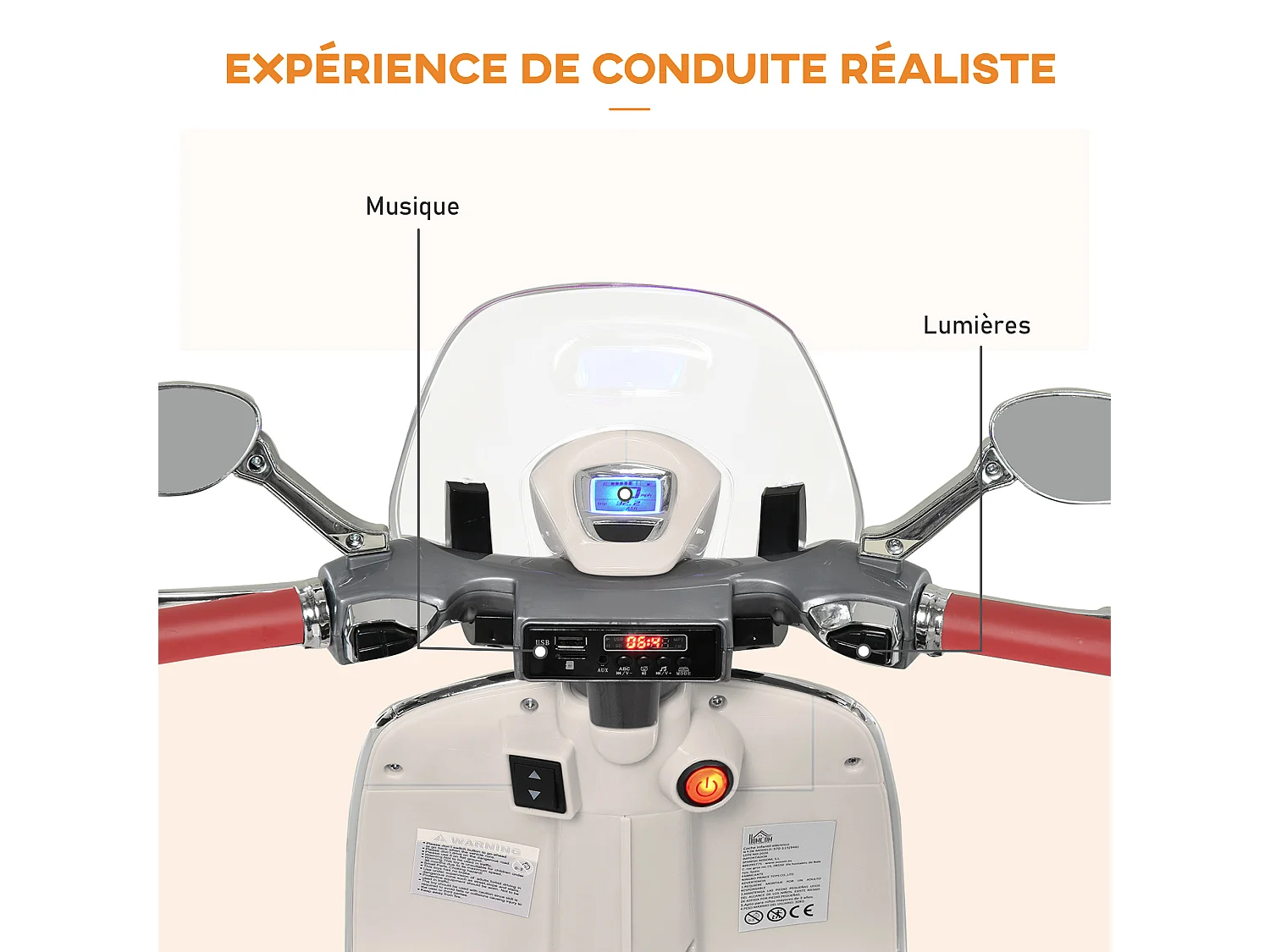 Scooter moto électrique enfant Vespa 6V 30W 2 roulettes auxiliaires effets sonores lumineux crème