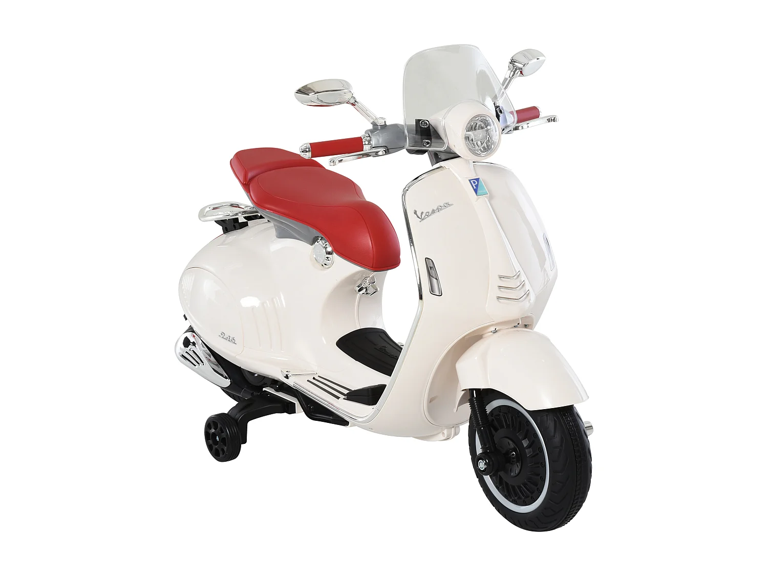 Scooter moto électrique enfant Vespa 6V 30W 2 roulettes auxiliaires effets sonores lumineux crème