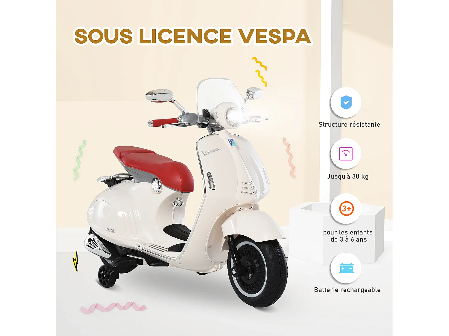 Scooter moto électrique enfant Vespa 6V 30W 2 roulettes auxiliaires effets sonores lumineux crème