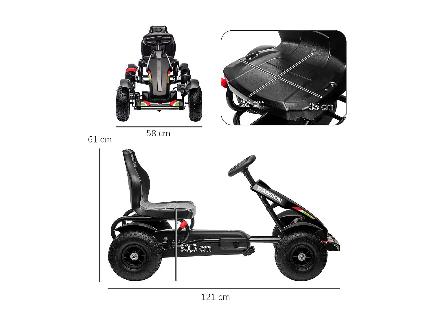 Kart à pédales enfant Go kart Formule 1 Racing passione italia pneus gonflables caoutchouc noir