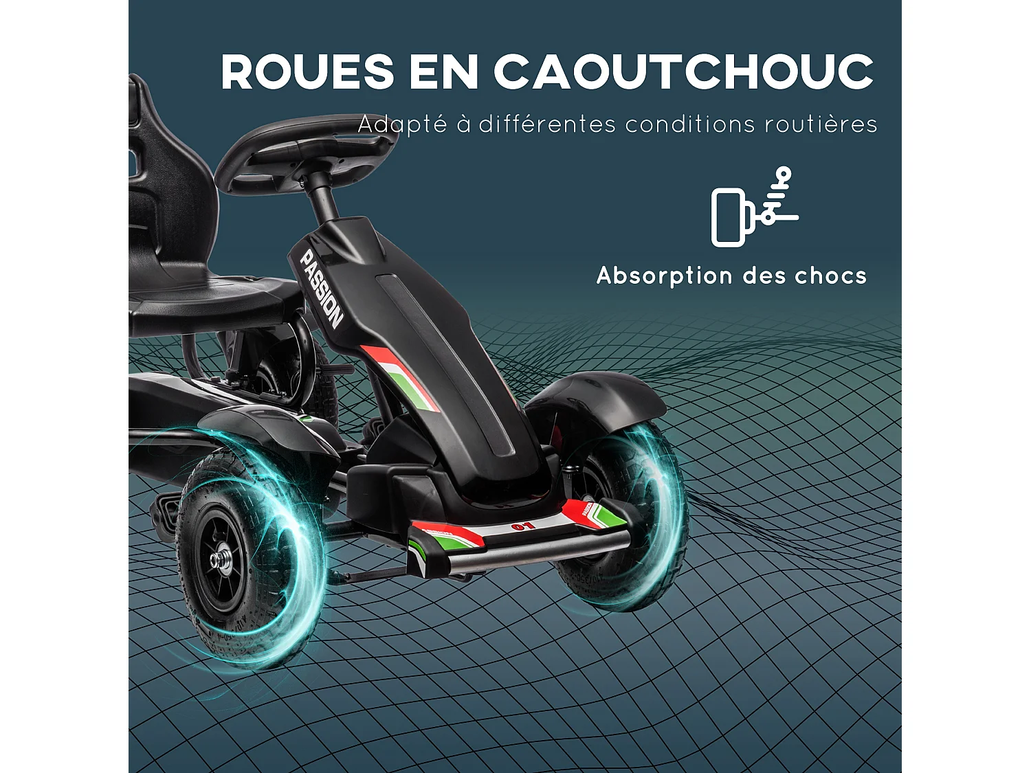 Kart à pédales enfant Go kart Formule 1 Racing passione italia pneus gonflables caoutchouc noir