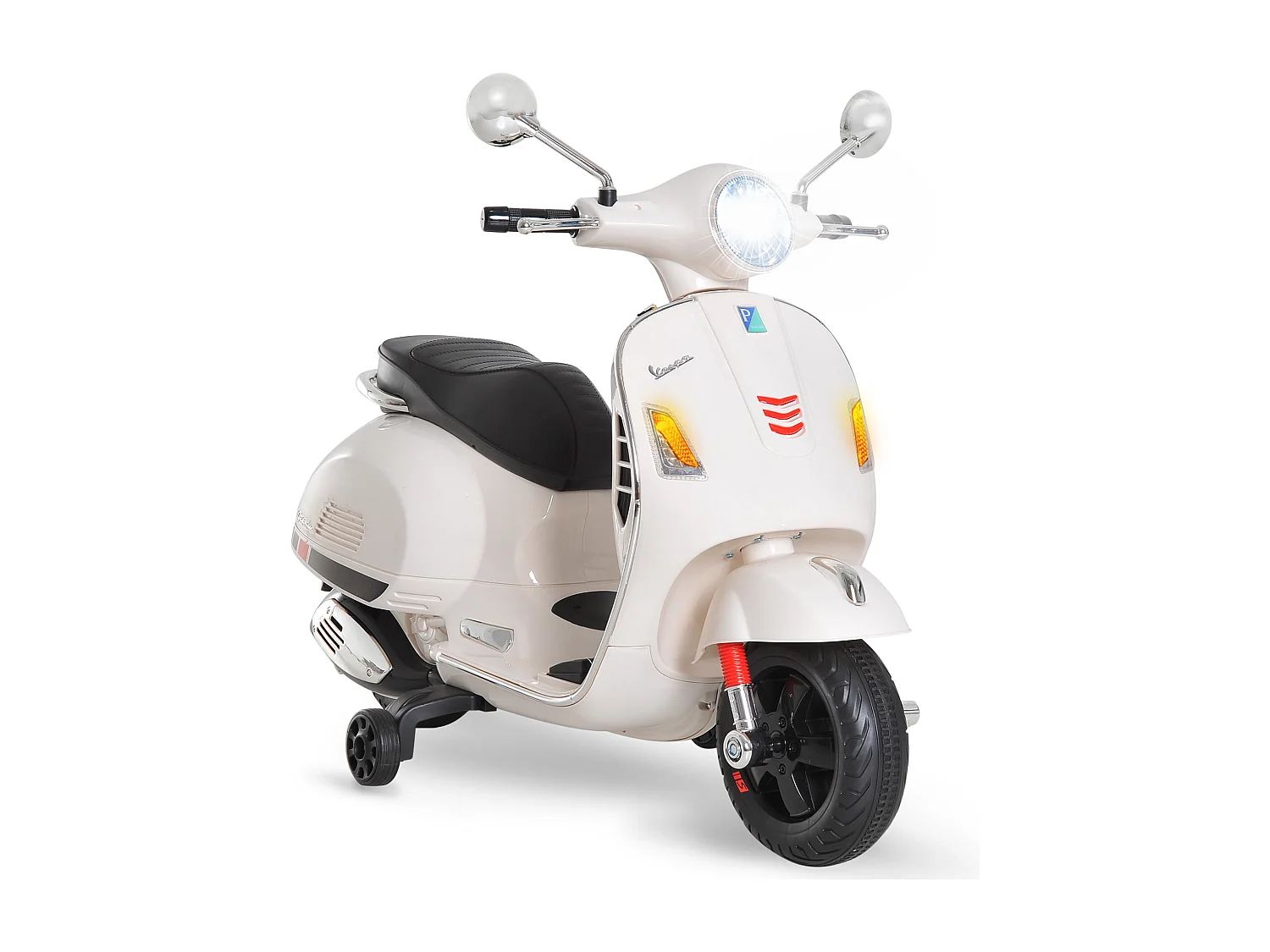 Scooter moto électrique enfants 6 V dim. 102L x 51l x 76H cm musique MP3 port USB klaxon phare feu AR blanc Vespa