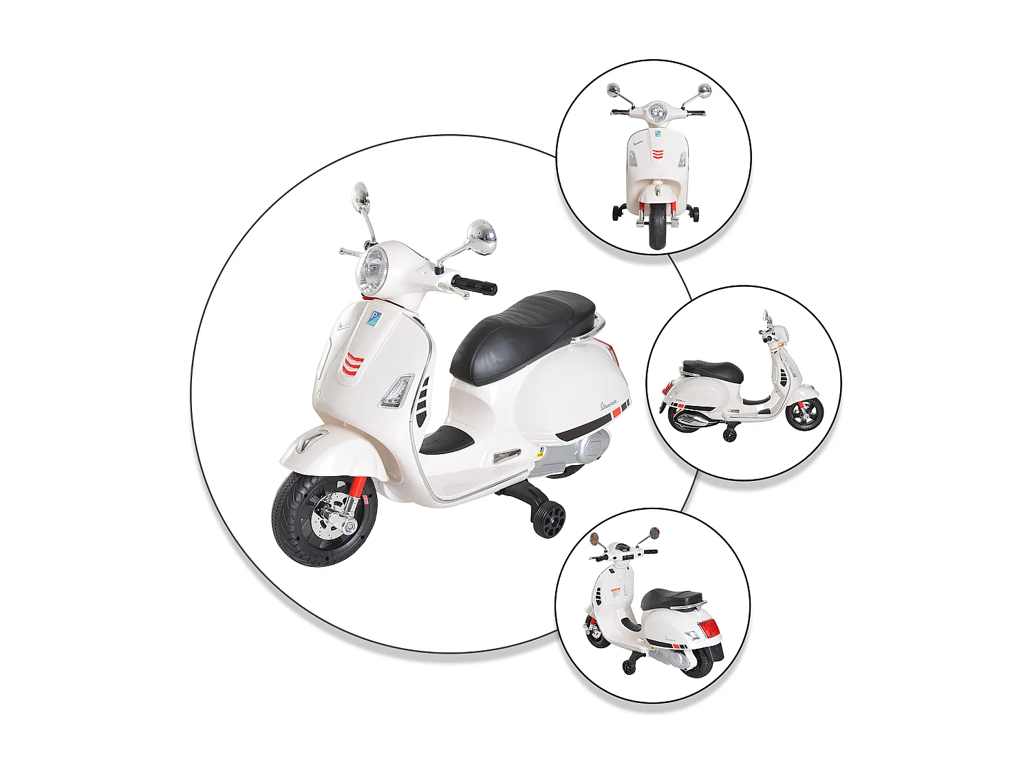 Scooter moto électrique enfants 6 V dim. 102L x 51l x 76H cm musique MP3 port USB klaxon phare feu AR blanc Vespa