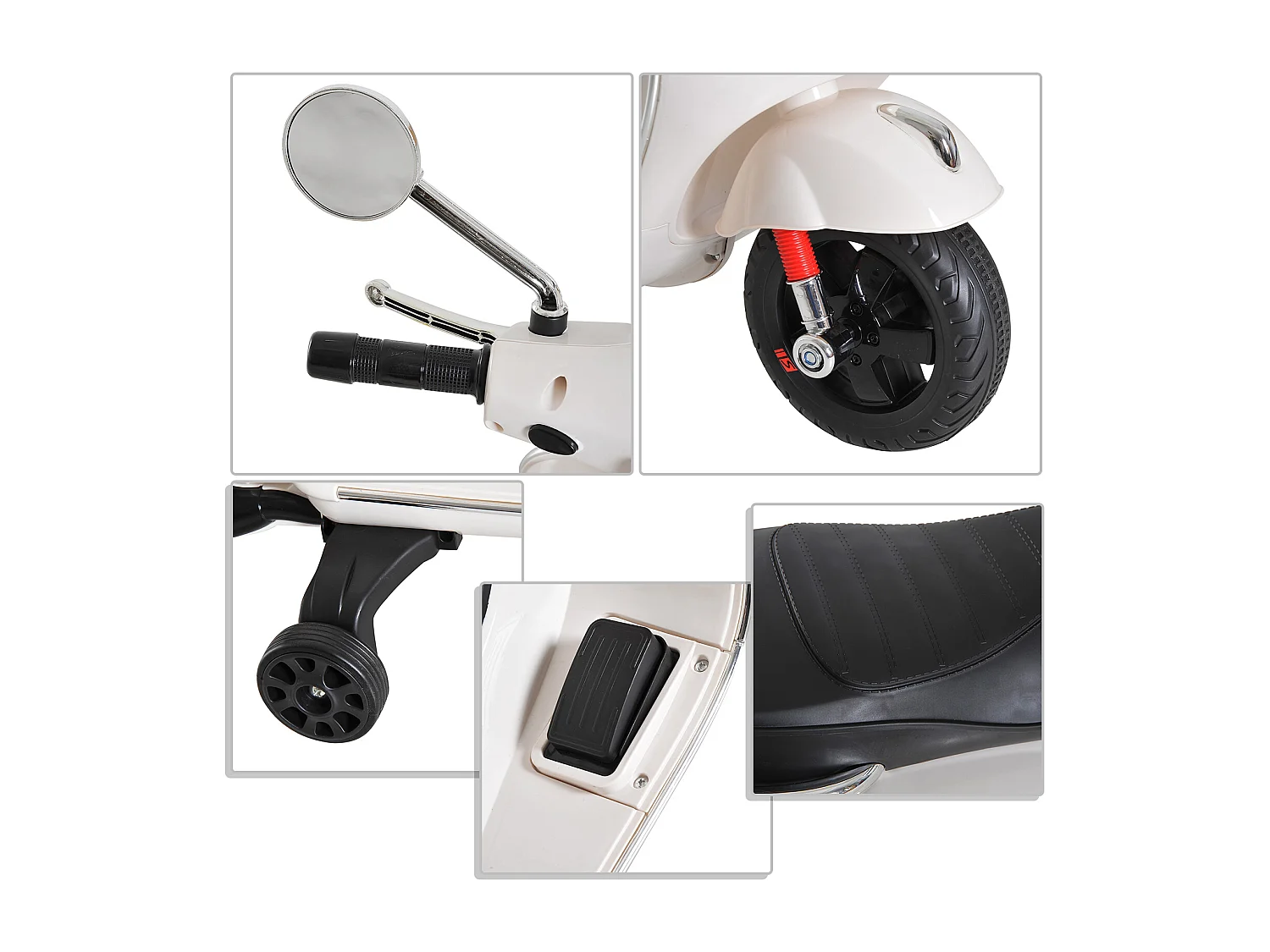 Scooter moto électrique enfants 6 V dim. 102L x 51l x 76H cm musique MP3 port USB klaxon phare feu AR blanc Vespa