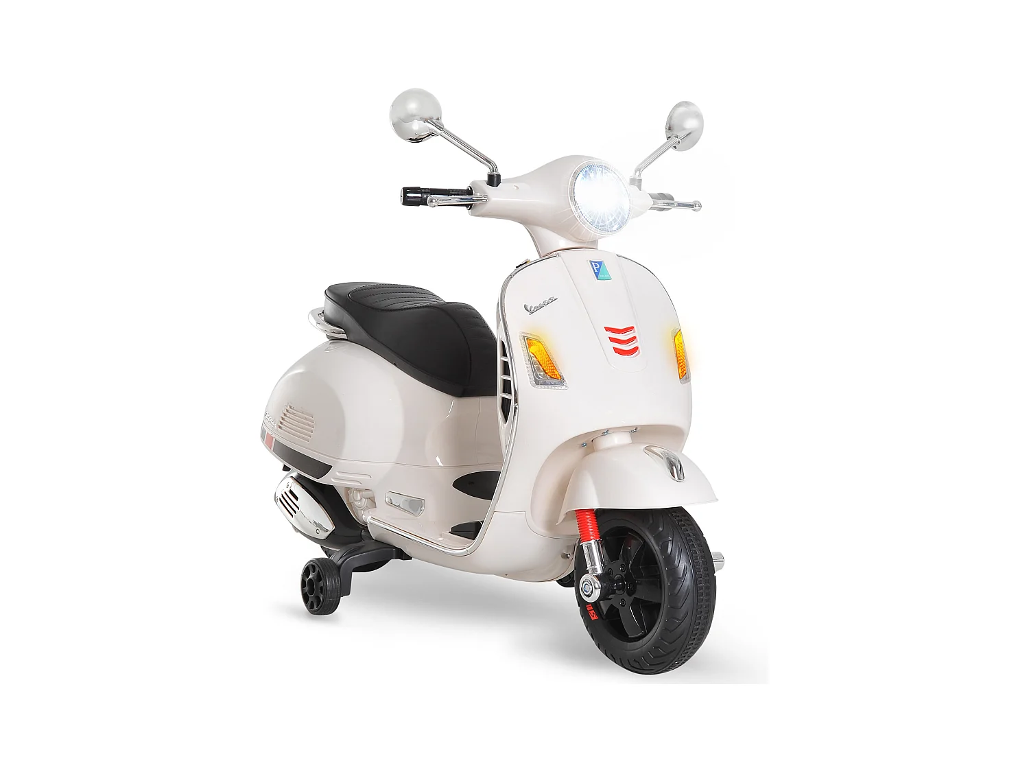 Scooter moto électrique enfants 6 V dim. 102L x 51l x 76H cm musique MP3 port USB klaxon phare feu AR blanc Vespa