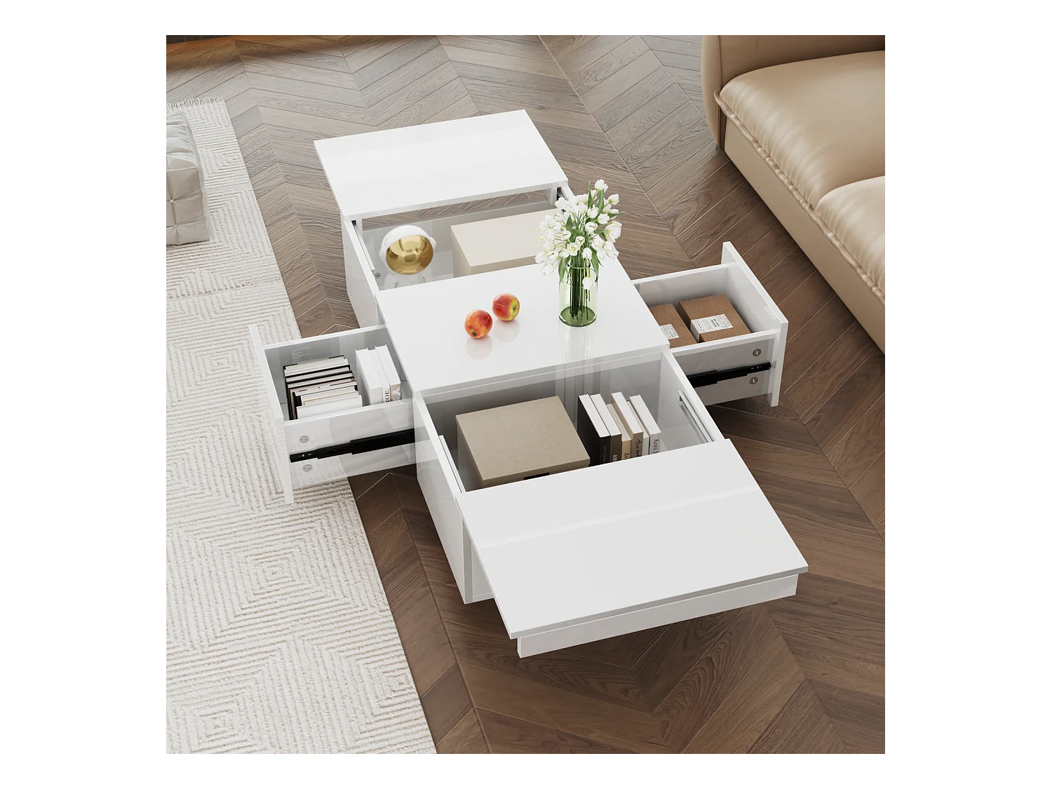 Table basse 100x50x31cm, table de salon haute brillance avec structure de rangement push-pull, tiroirs double face, blanc