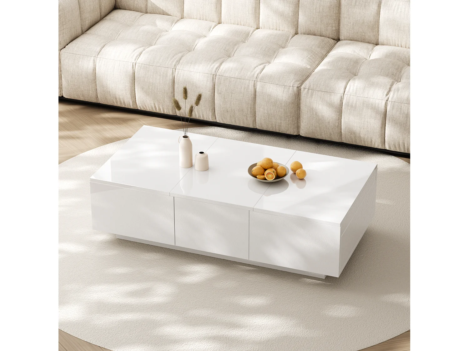 Table basse 100x50x31cm, table de salon haute brillance avec structure de rangement push-pull, tiroirs double face, blanc