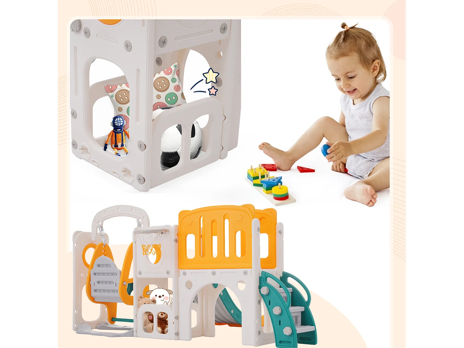 Toboggan 7 en 1 pour enfant, avec balançoire, plate-forme, zone de rangement, arcade, panier de basket, escalier, PEHD, vert+jaune