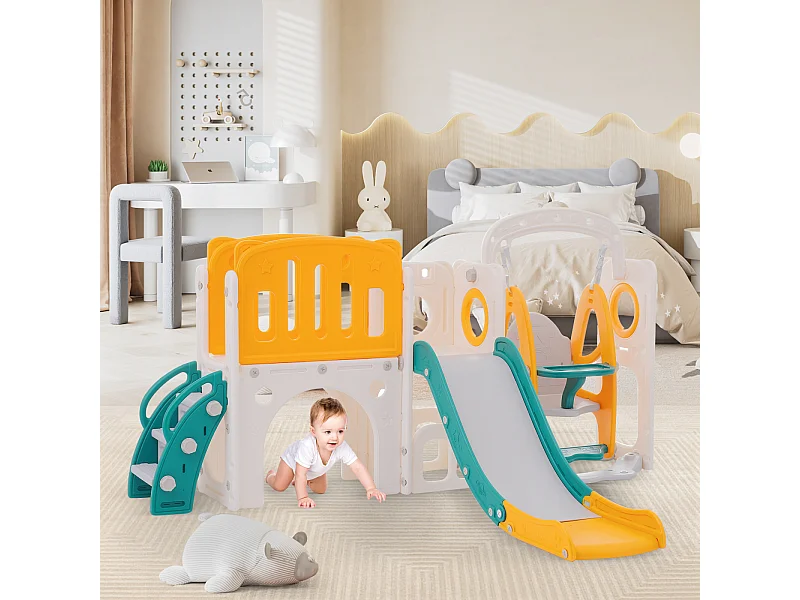 Toboggan 7 en 1 pour enfant, avec balançoire, plate-forme, zone de rangement, arcade, panier de basket, escalier, PEHD, vert+jaune