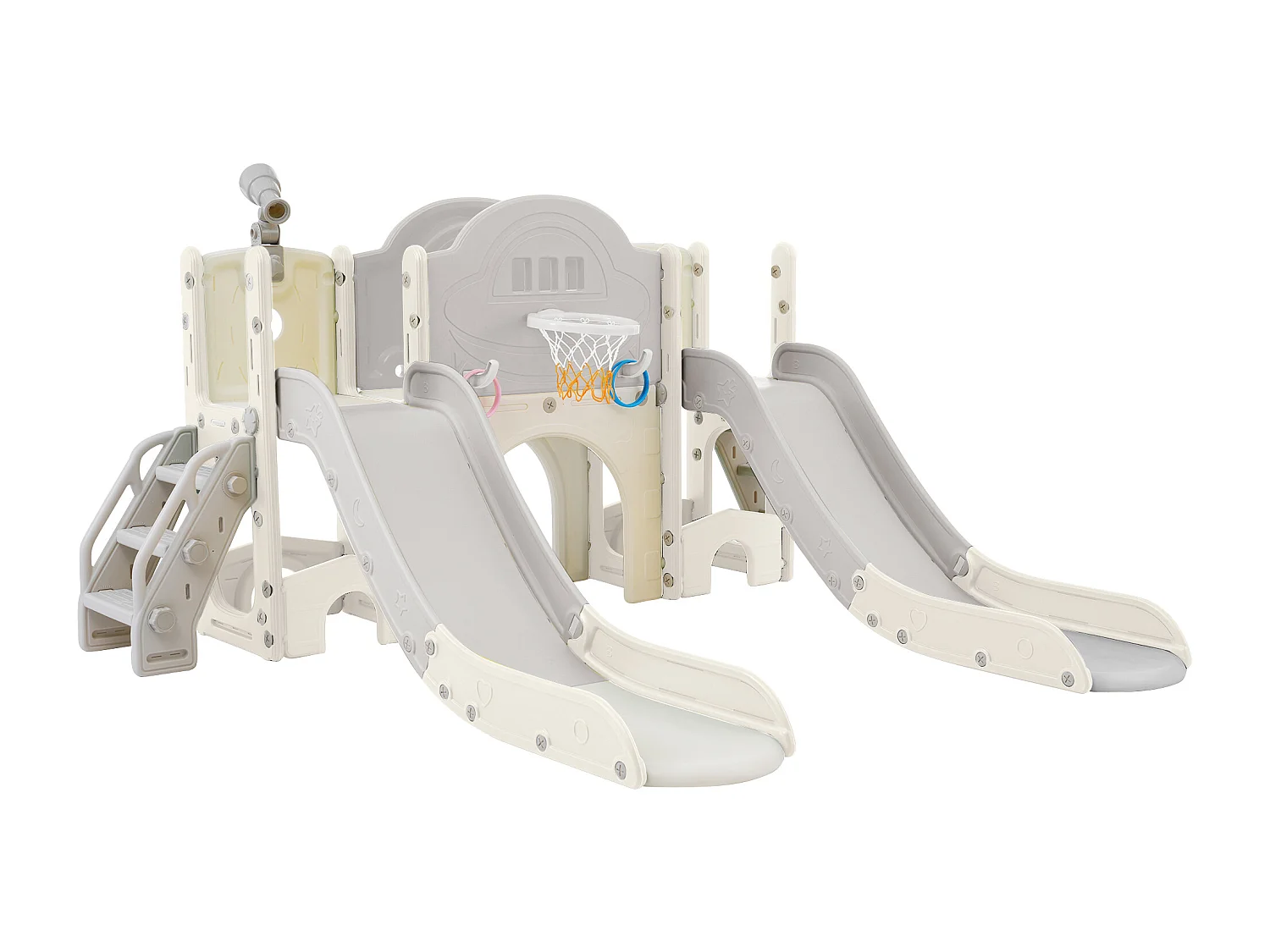 Aire de jeux pour enfants 8 en 1 avec toboggan, mur d'escalade, jeu de trous de forage, sol gris