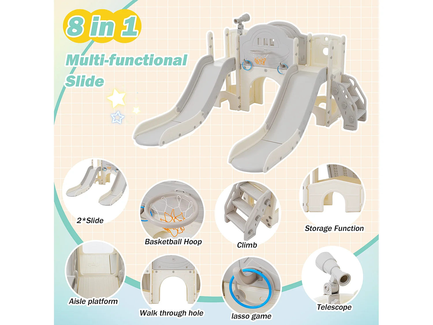 Parco giochi per bambini 8 in 1 con scivolo, parete da arrampicata, gioco con fori, pavimento grigio