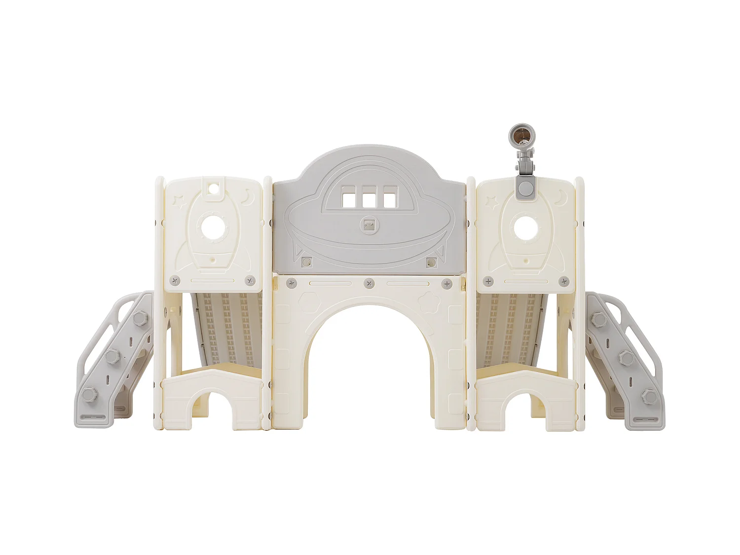 Parco giochi per bambini 8 in 1 con scivolo, parete da arrampicata, gioco con fori, pavimento grigio