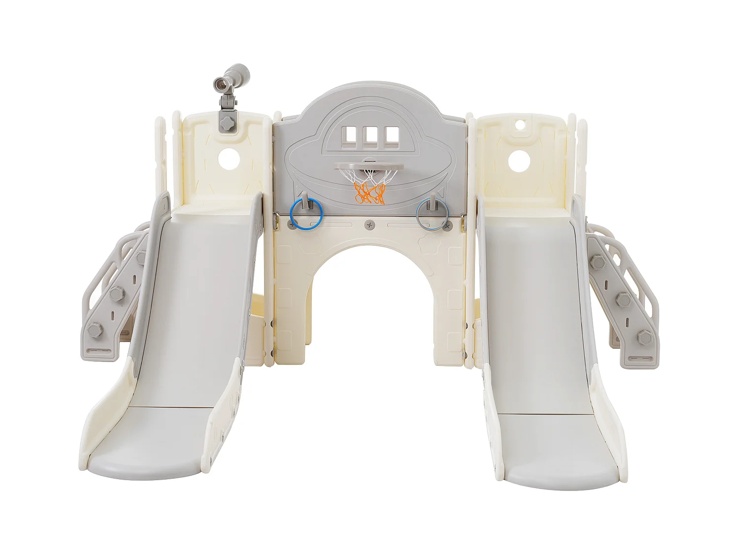 Parco giochi per bambini 8 in 1 con scivolo, parete da arrampicata, gioco con fori, pavimento grigio