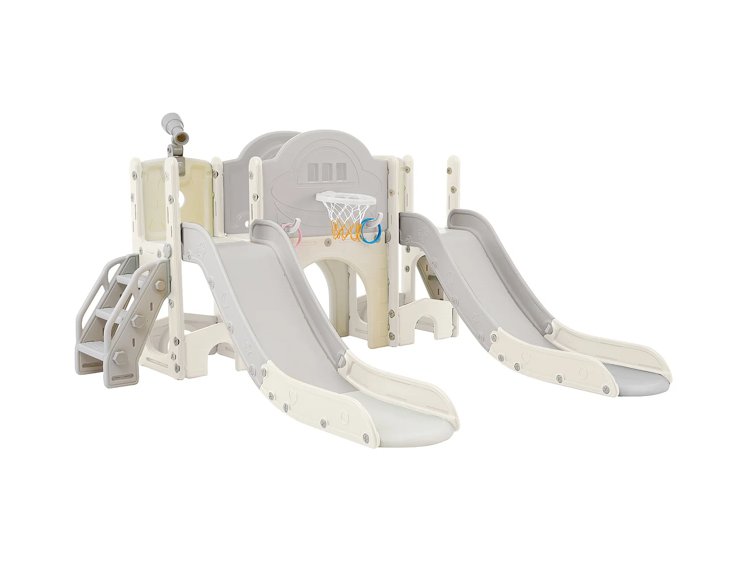 Parco giochi per bambini 8 in 1 con scivolo, parete da arrampicata, gioco con fori, pavimento grigio