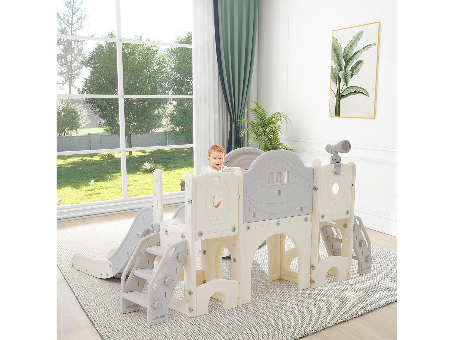 Aire de jeux pour enfants 8 en 1 avec toboggan, mur d'escalade, jeu de trous de forage, sol gris