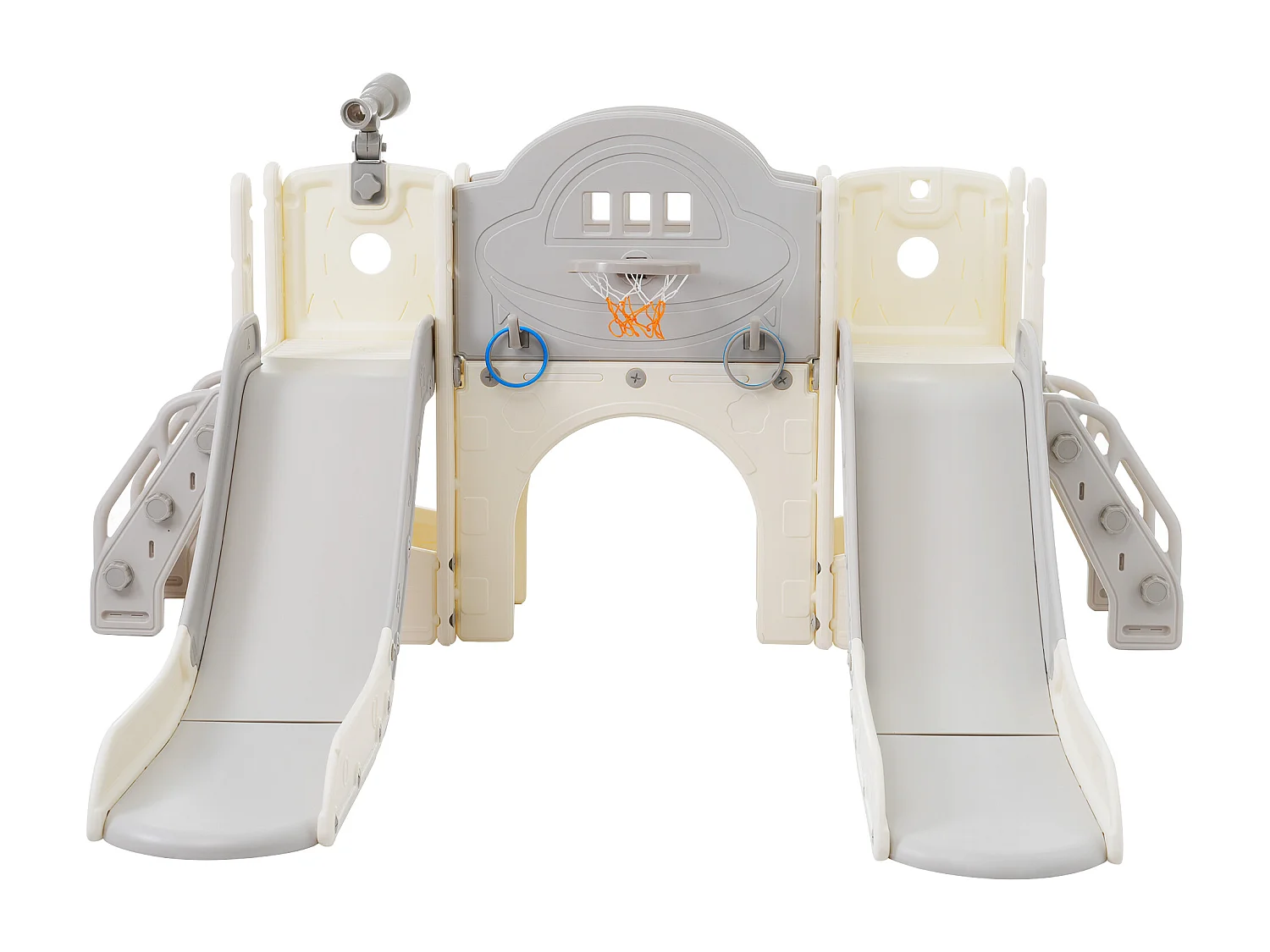 Aire de jeux pour enfants 8 en 1 avec toboggan, mur d'escalade, jeu de trous de forage, sol gris