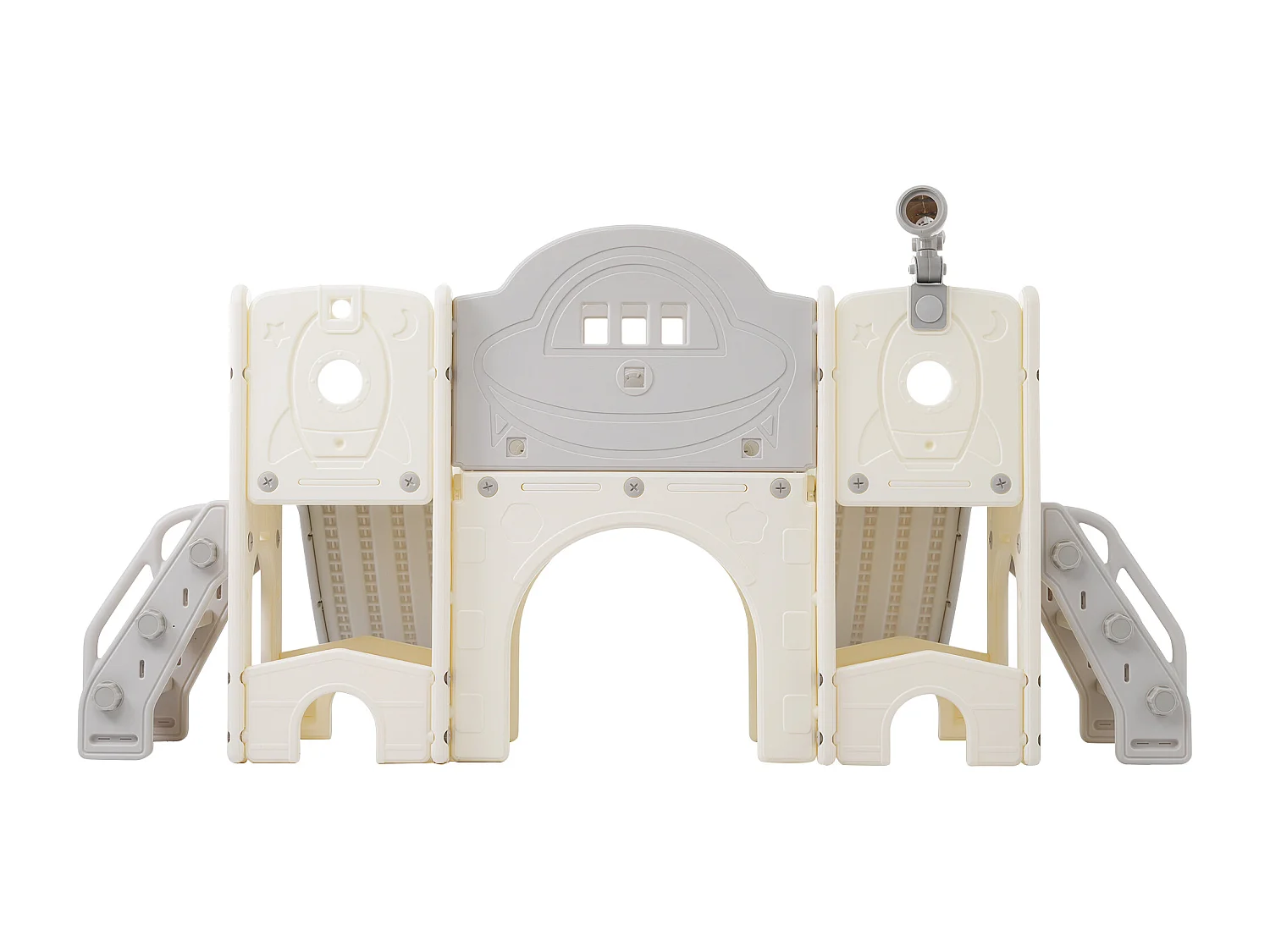 Aire de jeux pour enfants 8 en 1 avec toboggan, mur d'escalade, jeu de trous de forage, sol gris