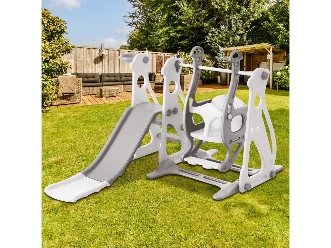 vente unique Toboggan pour enfants 4 en 1 - Convient pour l'intérieur et l'extérieur - avec balançoire cadre de basket toboggan échelle - Gris