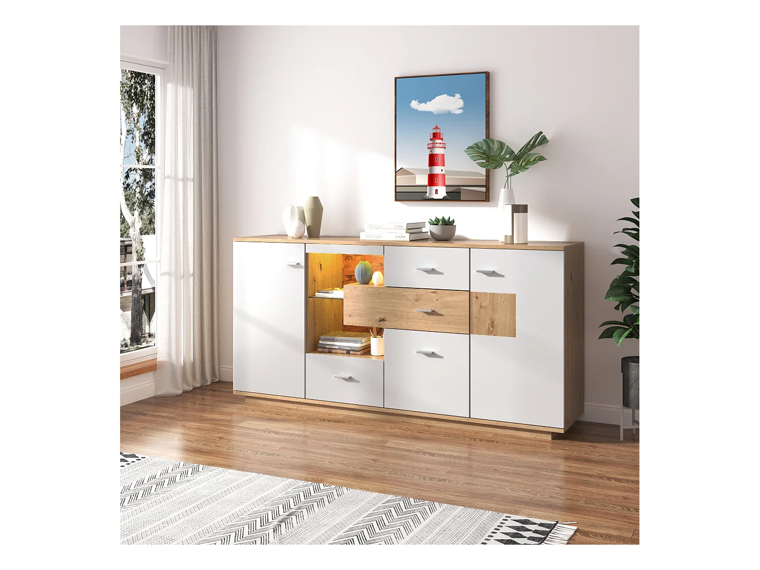Buffet LED 160x40x77cm, armoire avec 2 portes, 4 tiroirs, étagère en verre, aspect bois meuble de salon armoire polyvalente - blanc