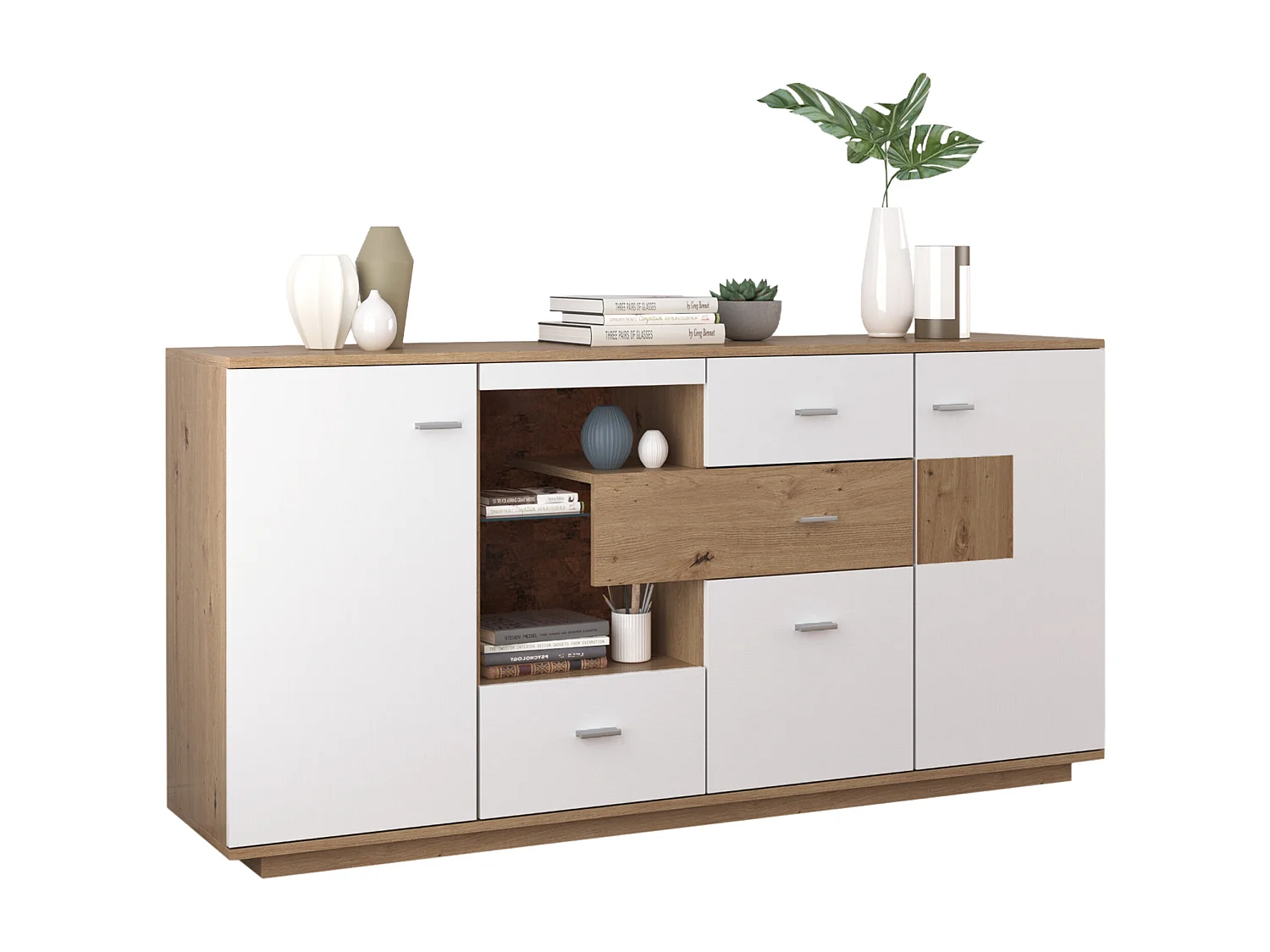 Buffet LED 160x40x77cm, armoire avec 2 portes, 4 tiroirs, étagère en verre, aspect bois meuble de salon armoire polyvalente - blanc
