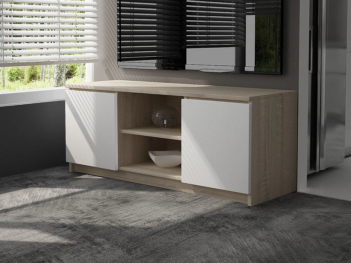 meuble tv casa 2 étagères 120x40x55 cm bois portes façade blanche