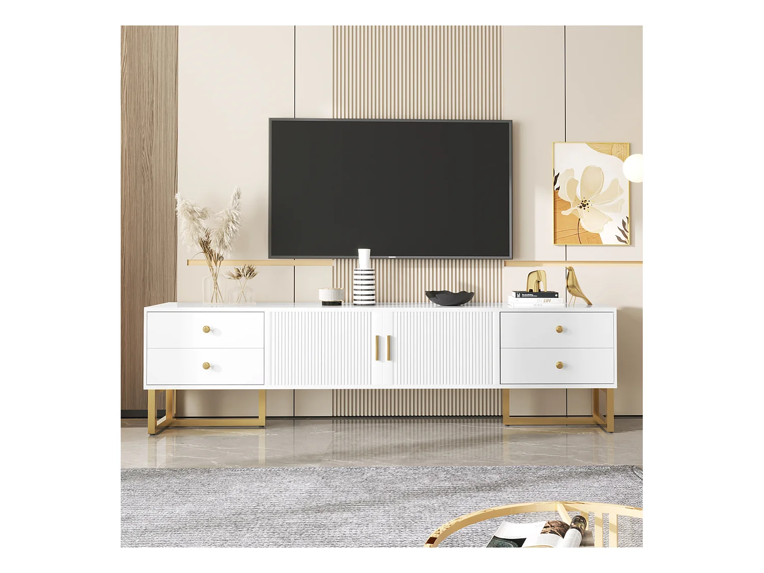 Meuble TV 175x30x46cm, panneau bas avec porte texturée, iroirs, poignées dorées et pieds dorés, blanc