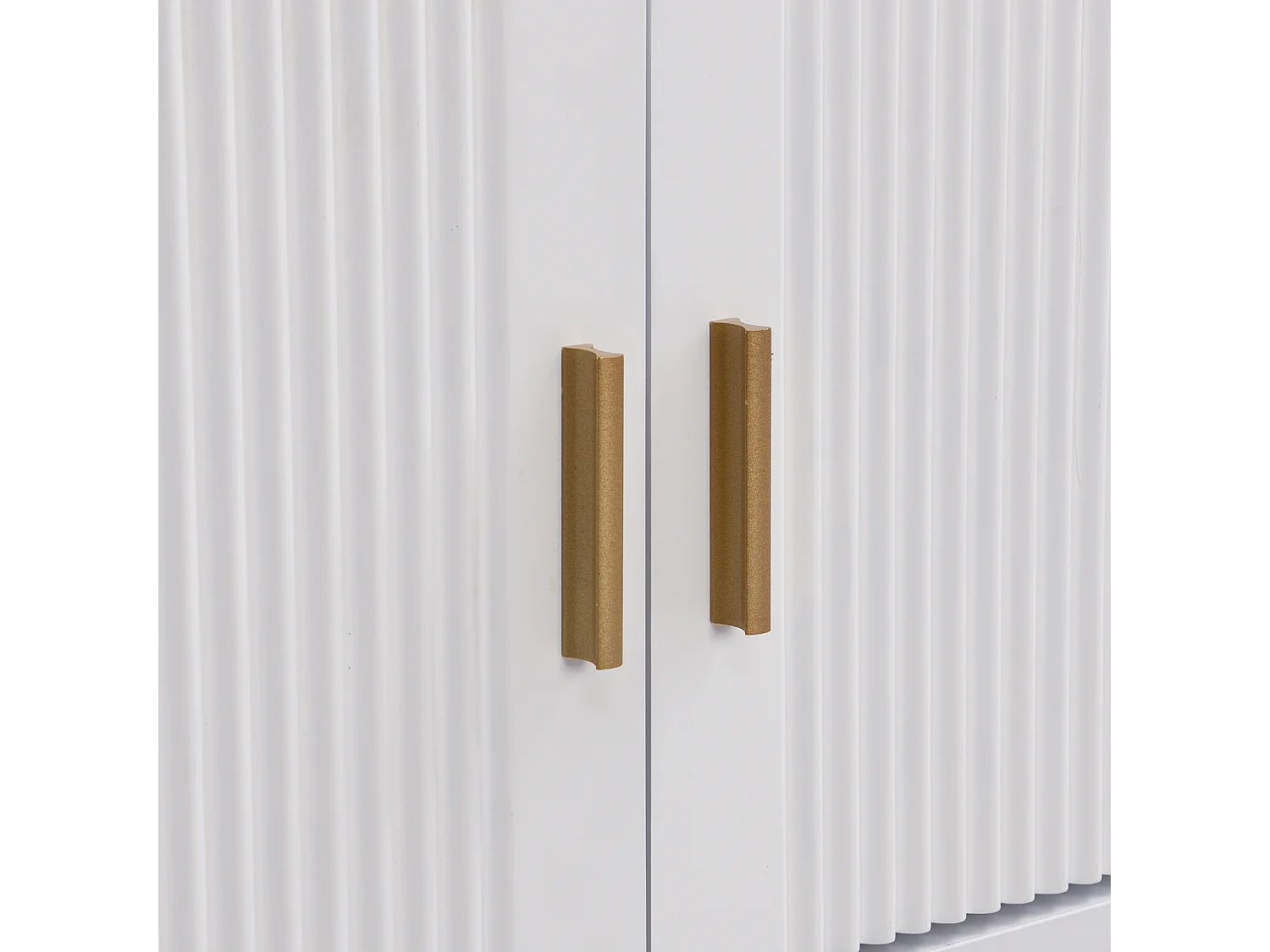 Mueble TV 175x30x46cm, panel bajo con puerta texturizada, espejos, tiradores dorados y patas doradas, color blanco