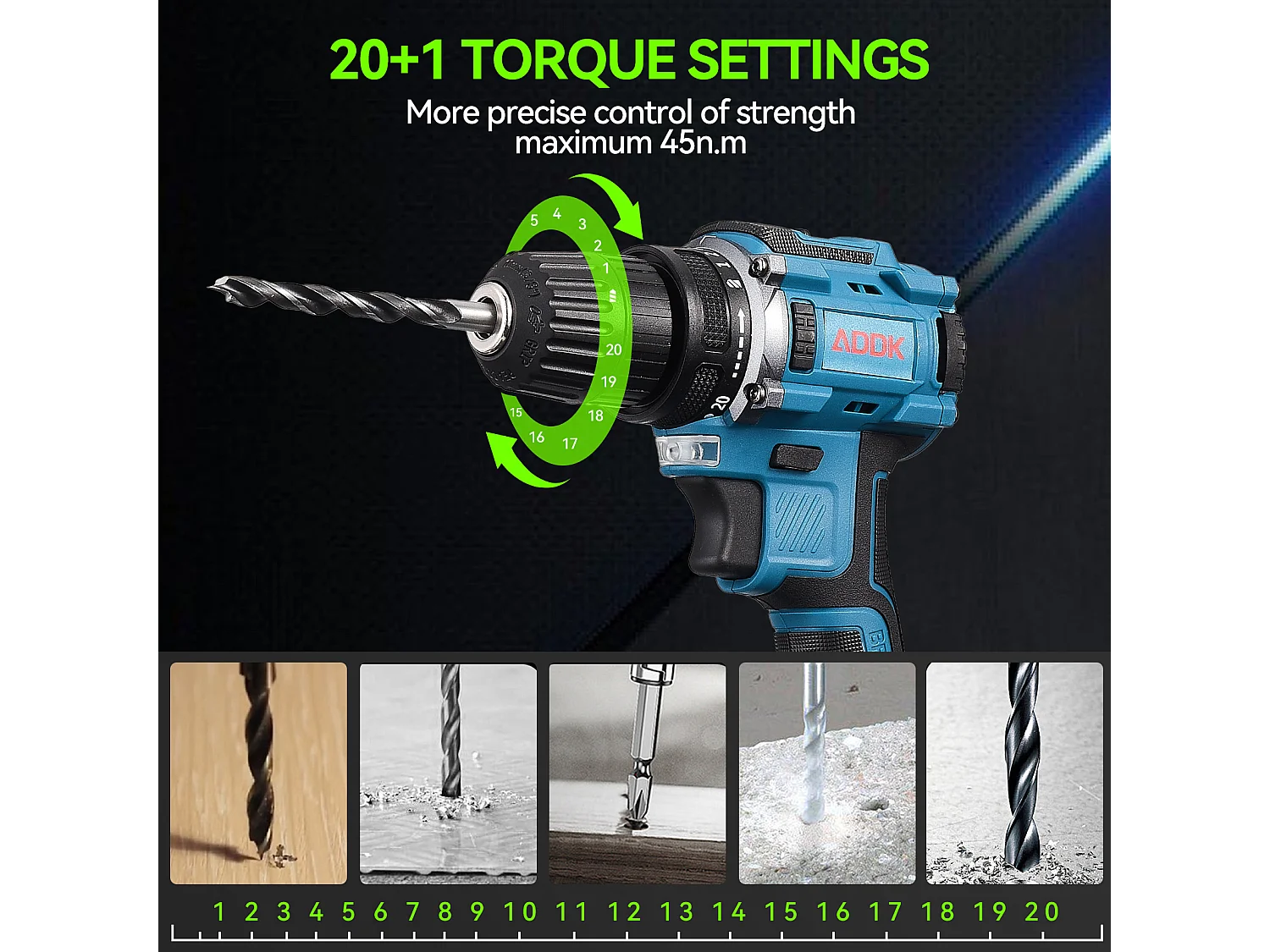 21V accuboormachine, 2 x 1500mAh lithium-accu's, borstelmotor, 25+1 koppelstanden, 2 snelheden, 37 accessoires + PP-kunststof doos