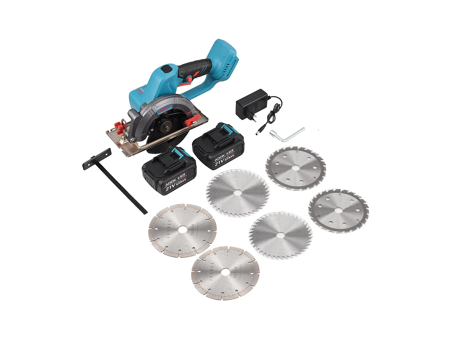 21V cirkelzaag met 6 bladen, met 3,0 Ah batterij, mini-borstelloze cirkelzaag, geschikt voor houtzagen (met 2 batterijen)