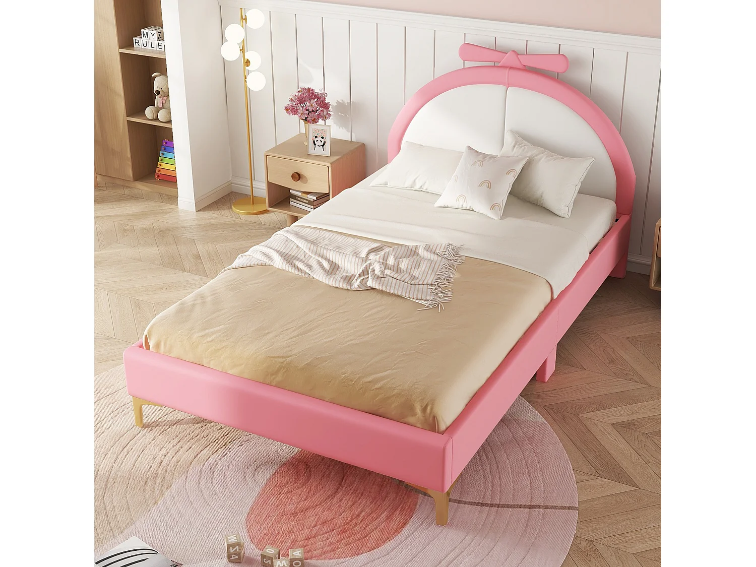Lit enfant 140x200cm, lit double plat rembourré avec sommier à lattes et tête de lit confortable, en cuir PU, rose
