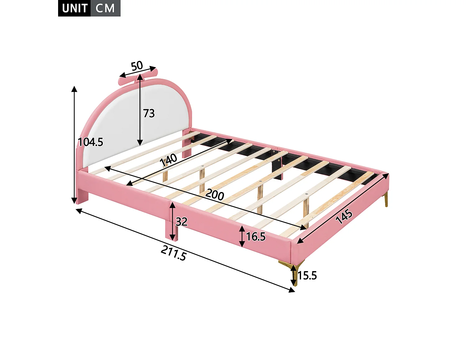 Lit enfant 140x200cm, lit double plat rembourré avec sommier à lattes et tête de lit confortable, en cuir PU, rose