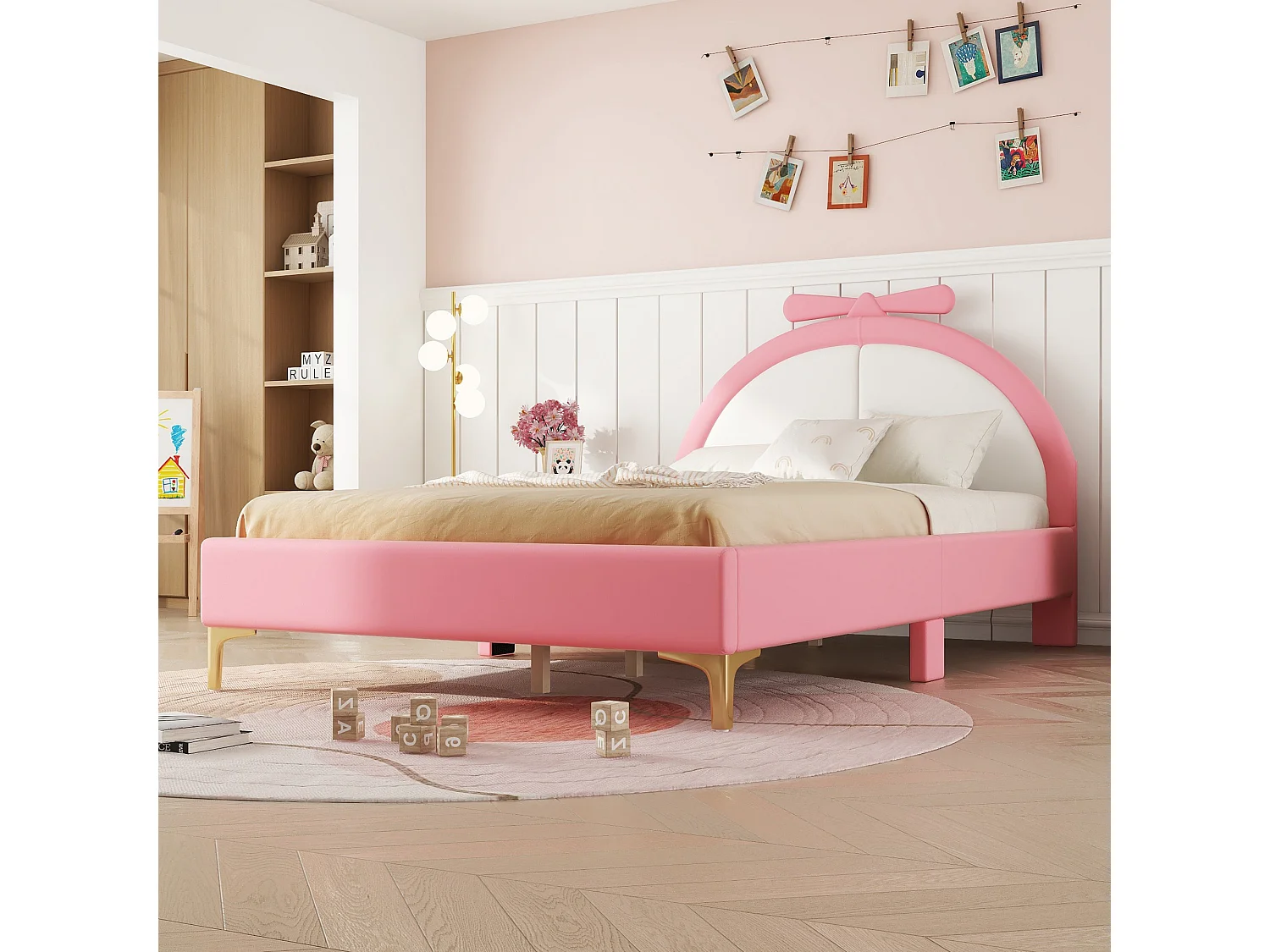 Lit enfant 140x200cm, lit double plat rembourré avec sommier à lattes et tête de lit confortable, en cuir PU, rose