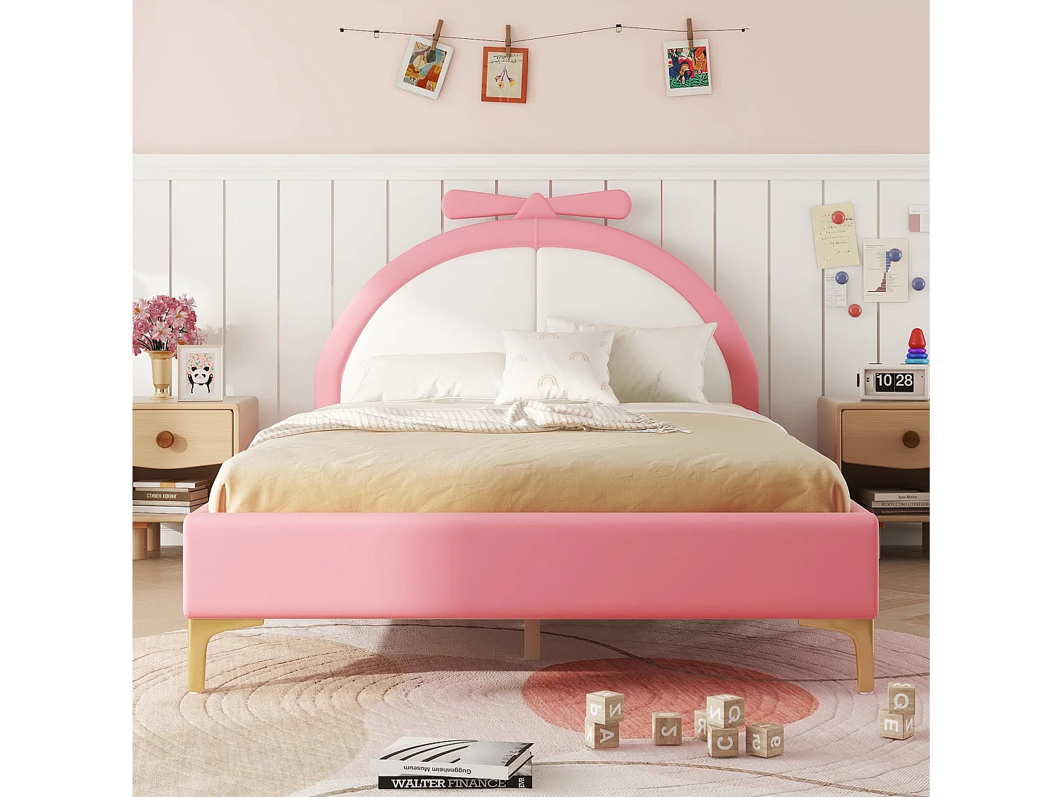 Lit enfant 140x200cm, lit double plat rembourré avec sommier à lattes et tête de lit confortable, en cuir PU, rose