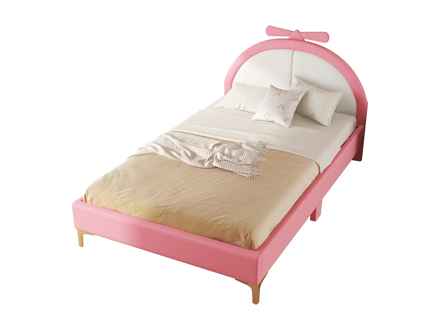 Lit enfant 140x200cm, lit double plat rembourré avec sommier à lattes et tête de lit confortable, en cuir PU, rose